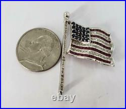 14K Gold USA American Flag Brooch Pin Single Cut Diamond Ruby Sapphire 7.1g F1