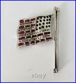 14K Gold USA American Flag Brooch Pin Single Cut Diamond Ruby Sapphire 7.1g F1
