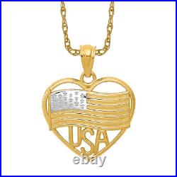 14K Yellow Gold American Flag Usa Heart Necklace Charm Pendant