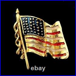 14K Yellow Gold & Enamel USA American Flag Brooch Pin Lapel Vintage