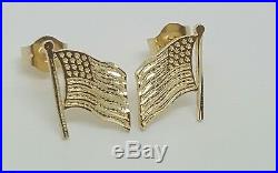 14k Solid Yellow Gold American Flag Stud Earrings Push Back 10MM USA Unisex