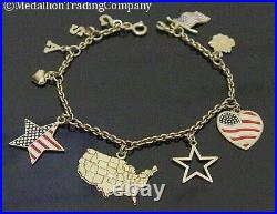 14k Yellow Gold Patriotic USA American Flag Heart Star Rolo Charm Bracelet 7