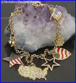 14k Yellow Gold Patriotic USA American Flag Heart Star Rolo Charm Bracelet 7