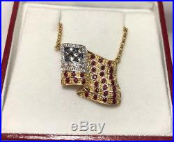 14k Yellow Gold Ruby Sapphire Diamond USA American Flag US Rolo Necklace Pendant