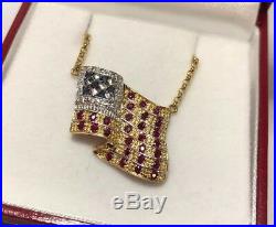 14k Yellow Gold Ruby Sapphire Diamond USA American Flag US Rolo Necklace Pendant