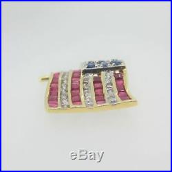 14k Yellow & White Gold Ruby Sapphire Diamond USA American Flag Pendant