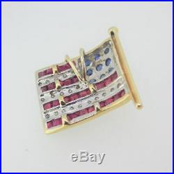 14k Yellow & White Gold Ruby Sapphire Diamond USA American Flag Pendant