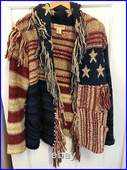 171. Ralph Lauren XS/S Denim Supply USA Flag Patchwork Fringe Sweater Cardigan