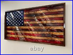 19 x 36 inch Wavy Rustic Wooden American Flag, Waving American Flag