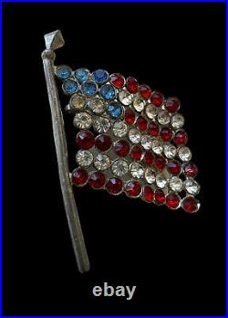 1930s Pot Metal USA American Flag Brooch Pin Multicolor Rhinestone Patriotic
