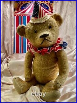 24 Early Antique American 1914 Mohair Teddy Bear Custom USA Flag Hat And Collar