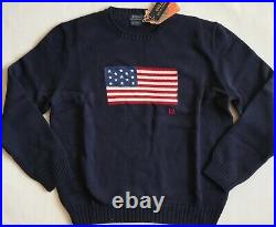 $248 NWT Mens Polo Ralph Lauren Iconic American USA Flag Crewneck Sweater Navy