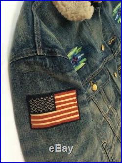 $685 Polo Ralph Lauren Men USA Flag Southwest Vintage Trucker Denim Jean Jacket