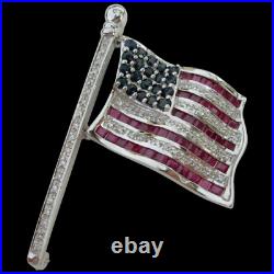 American Flag Brooch Pin Ruby Diamond Sapphires USA 18K White Gold Over -Unisex