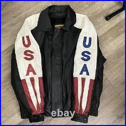 American Rider Mens Leather USA Flag Spellout Black Full Zip Snap Jacket Sz XL