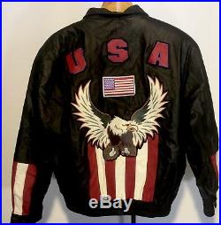 American Rider USA Flag/ Eagle Bomber Leather Motorcycle Jacket Mens Large EUC