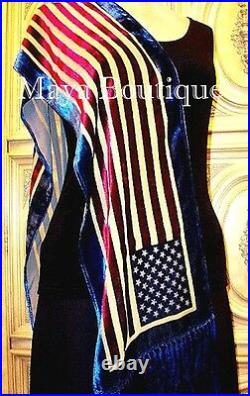 American USA Flag Silk Burnout Velvet Scarf Wrap With Fringes Maya Matazaro