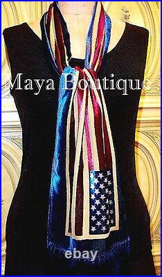 American USA Flag Silk Burnout Velvet Scarf Wrap With Fringes Maya Matazaro