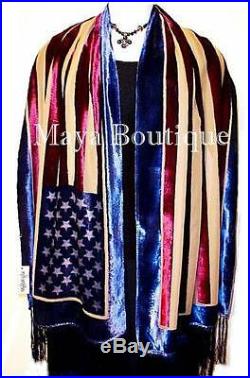 American USA Flag Silk Burnout Velvet Shawl Wrap With Fringes Maya Matazaro