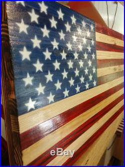 American Wooden Flag 19x37 Free Shipping USA burnt red, natural wood stripe#2L