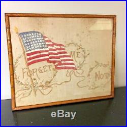 Antique 48 Star American Flag Embroidery Needlepoint Forget Me Not Patriotic USA