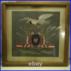 Antique American needlework silk tapestry eagle USA flag gilt frame embroidered