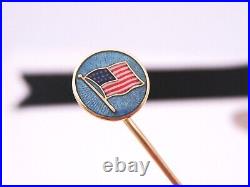 Antique USA Patriotic 13 Star American Flag 14K Gold Enamel Tie Lapel Cravat Pin