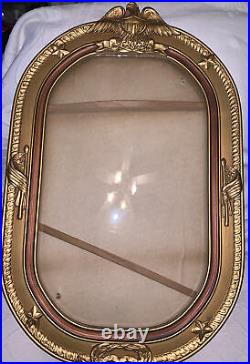 Antique Wood Gesso Bubble Glass Picture Frame USA Eagle American Flags Military