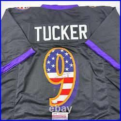Autographed/Signed Justin Tucker Baltimore Black USA American Flag Football Jers