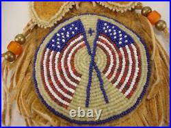 Beaded Native American Crow Medicine Bag Necklace Brain Tanned Leather USA Flag