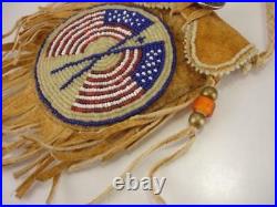 Beaded Native American Crow Medicine Bag Necklace Brain Tanned Leather USA Flag