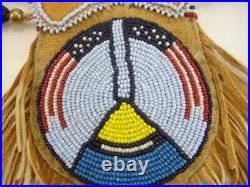 Beaded Native American Crow Medicine Bag Necklace Leather USA Flag Bead Work Vtg