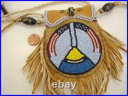 Beaded Native American Crow Medicine Bag Necklace Leather USA Flag Bead Work Vtg