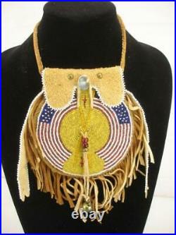 Beaded Native American Crow Medicine Bag Purse Leather USA Flags Beaded Work Big