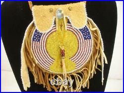 Beaded Native American Crow Medicine Bag Purse Leather USA Flags Beaded Work Big