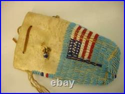 Beaded Native American Indian Brain Tanned Leather Crow Bag Pouch USA Flag Old
