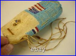 Beaded Native American Indian Brain Tanned Leather Crow Bag Pouch USA Flag Old
