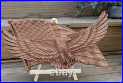 Carved Bald Eagle Wooden sign American Flag Patriotic Sign Wavy flag