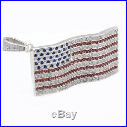 Charm American USA Flag Red Blue Lab Diamond 925 Sterling Silver Necklace Pendan