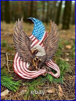Handcrafted Wooden American Flag with Bald Eagle, USA Eagle Wooden Carving, USA