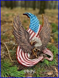 Handcrafted Wooden American Flag with Bald Eagle, USA Eagle Wooden Carving, USA