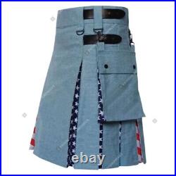 Handmade Men's USA American Flag Denim Utility Kilt Hybrid Kilt Custom Kilts