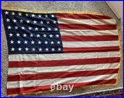 LARGE Vintage WWII Era Linen 48 Stars & Stripes American USA Flag Gold Fringes
