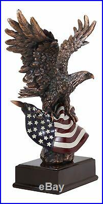 Large 14.5H Wings of Glory Broad Winged Bald Eagle On USA American Flag Statue
