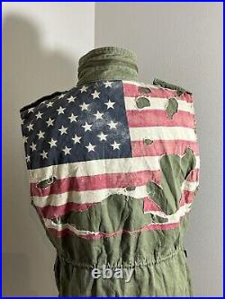Large Denim Supply Ralph Lauren Military Vest Army USA American Flag Distressed