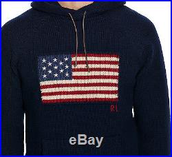 Large Polo Ralph Lauren USA American Flag Knit Navy Hooded Sweater L Hoodie