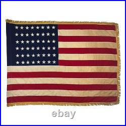 Large Vintage Cotton 48 Star American Flag Old Sewn Cloth Fringe USA