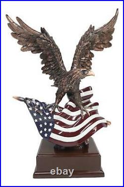 Large Wings of Glory Majestic Bald Eagle Clutching On USA American Flag Statue