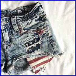 MISS ME American Flag Shorts Sz 26 USA Stars Stripes Distressed Bling Patriotic