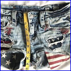 MISS ME American Flag Shorts Sz 26 USA Stars Stripes Distressed Bling Patriotic